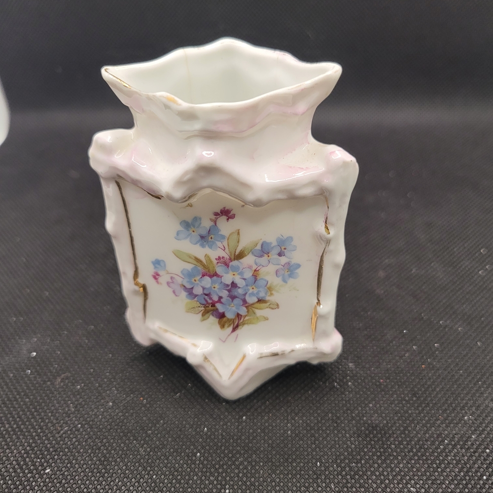 Vintage German Porcelain Bud Vase Forget Me Not Floral Gold Trim.
